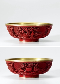 清·铜胎鎏金剔红清供图碗