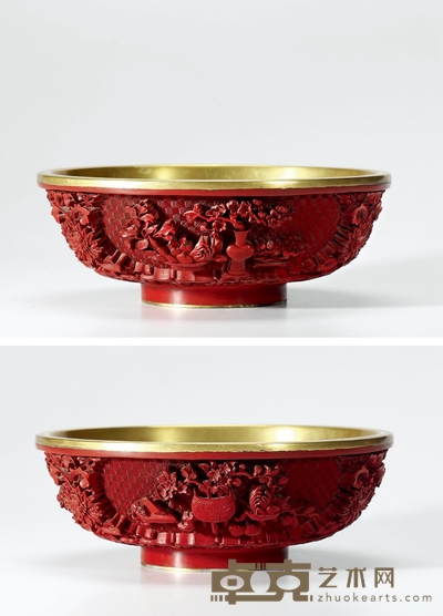 清·铜胎鎏金剔红清供图碗 高:7.5cm 口径:20.8cm