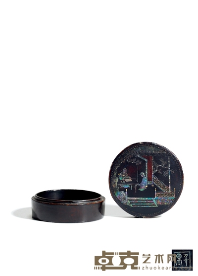 明末清初·江千里款黑漆点金嵌螺钿人物故事香盒 高:3.8cm 直径:8cm