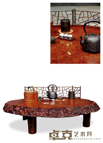 民国·瘿木茶桌及茶具一组 茶桌高：36cm 直径约：150cm
其它器物尺寸不一