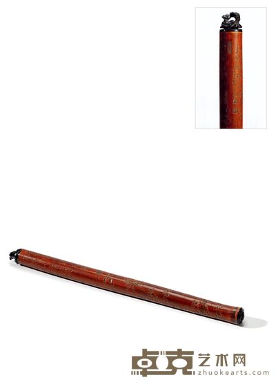 清·桐林款竹刻诗文河蟹图香筒 长:32.7cm 直径:2.2cm