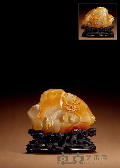 清·玛瑙巧雕山中问道山子摆件 带座高:11.5cm 高:8cm 宽:6cm