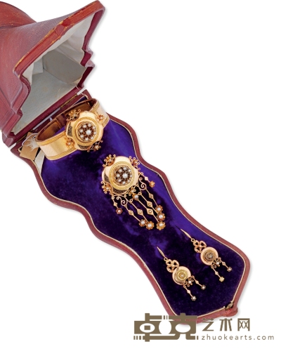 拿破仑三世 金镶野生珍珠手镯耳钉胸针套装 