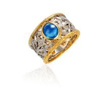 新艺术风格 蓝宝石镶嵌18K黄金、白金雕刻花叶饰戒指