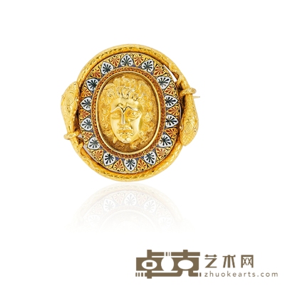 维多利亚时期 18K金雕刻珐琅彩绘美杜莎灵蛇胸针 4.8×4.9cm 
重量：约27.08g