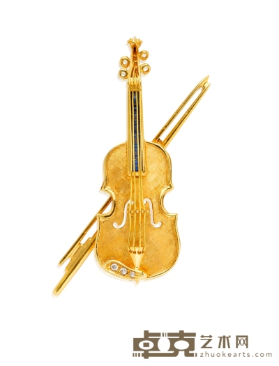18K金镶嵌钻石及蓝宝石小提琴造型胸针 3.5×1.3cm
重量：约6.9g