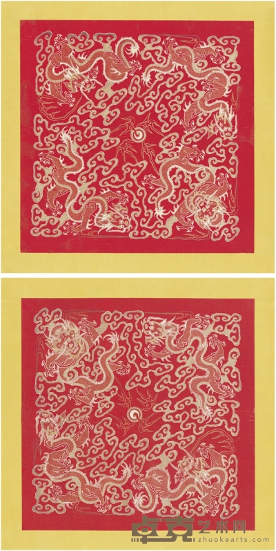 清·红地手绘描金银云龙纹绢 55.5×55.5cm