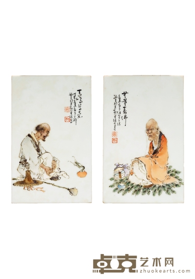民国·王琦绘罗汉图瓷板画二件 21.2×13.4cm×2