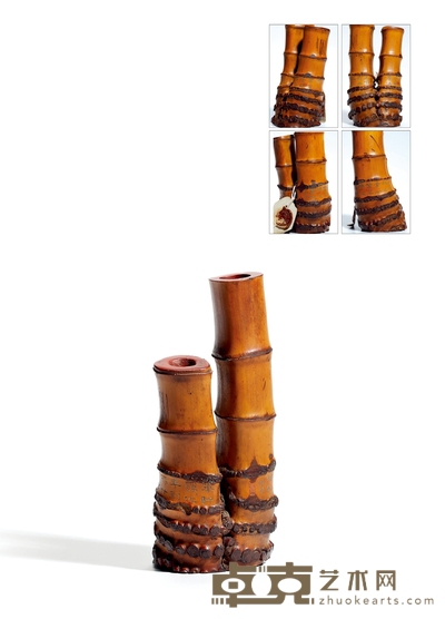 清·高野侯款竹刻诗文双联花插 高:13.5cm