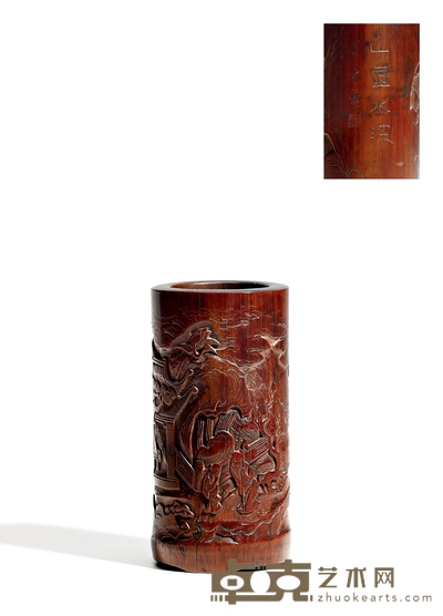 清·方絜制福寿延年图竹雕笔筒 高:12.2cm 直径:6cm