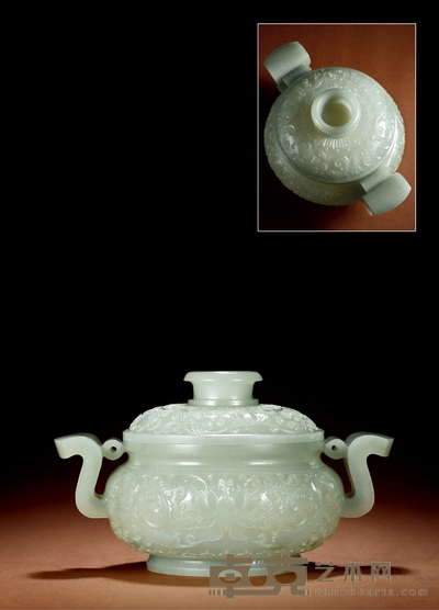 清·青白玉痕都斯坦风格缠枝莲纹簋式炉 高：11cm 通径：19.3cm 口径：11.4cm