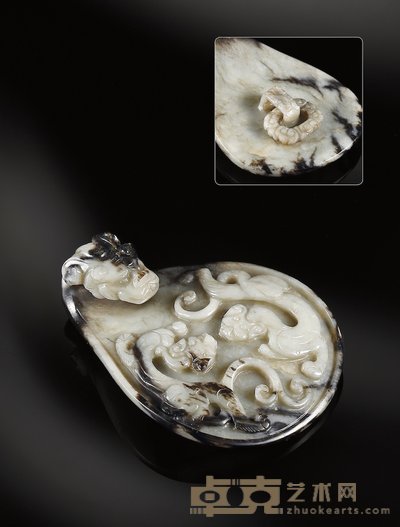元·沁色玉雕苍龙教子带鈎 100×75×27mm