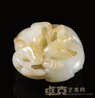 明·白玉雕双鹿衔芝把件 50×49×28mm