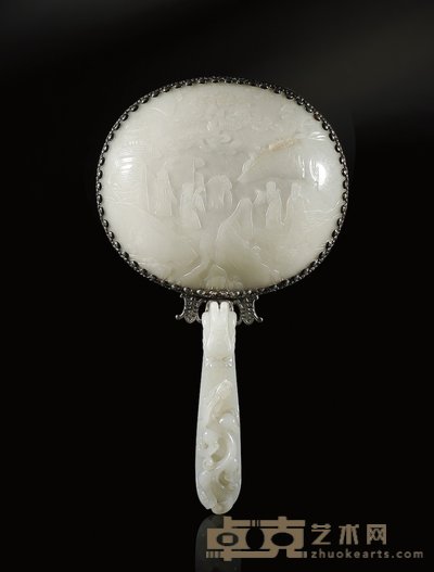 清·银镶白玉吉子、带鈎手持镜 吉子149×127mm 带鈎128×28×28mm 通高265mm
