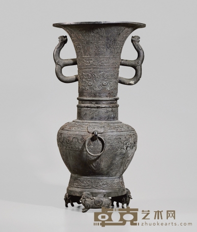 17世纪·铜饕餮蕉叶纹双龙耳瓶 高：69cm
