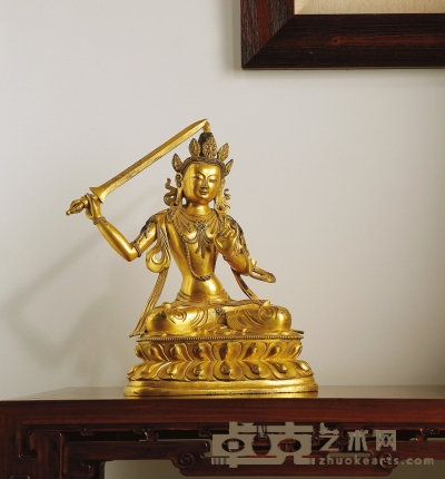 清·铜鎏金文殊菩萨坐像 高：34cm