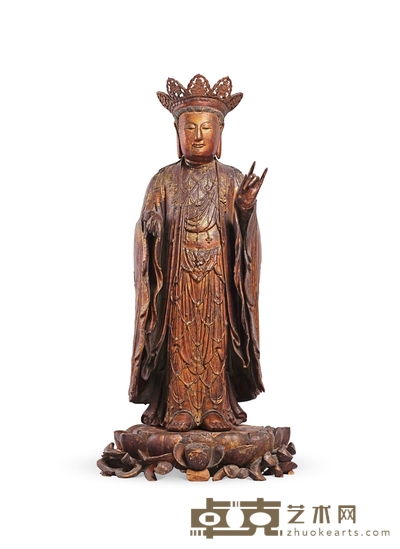 元／明·木胎漆金观音立像 高：85cm 带座高：96cm