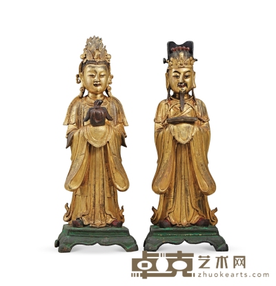 明·铜鎏金碧霞元君与文官立像一组两件 高：41cm 40cm