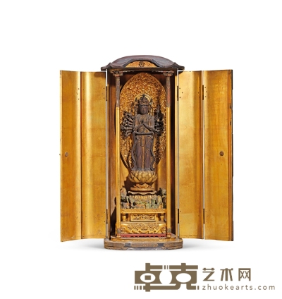 18世纪·木胎准提菩萨立像带佛龛 高：65cm
