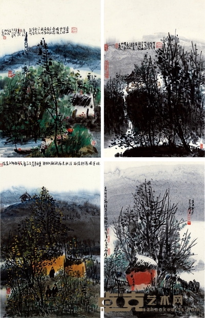 曾 宓 山水四屏 69×44.5cm×4