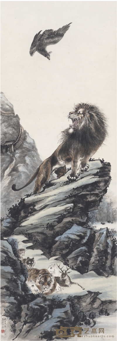 张善孖 狮虎雄鹰图 124.5×42.5cm