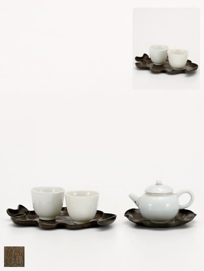 清·瓷壶、纯锡精造款壶承、叶形锡茶盘及德化白瓷杯套组