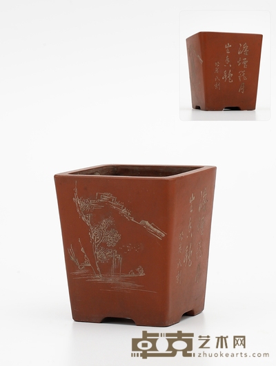 民国·北岩刻利永出品款紫泥四方花盆 高21.6cm 长19.5cm