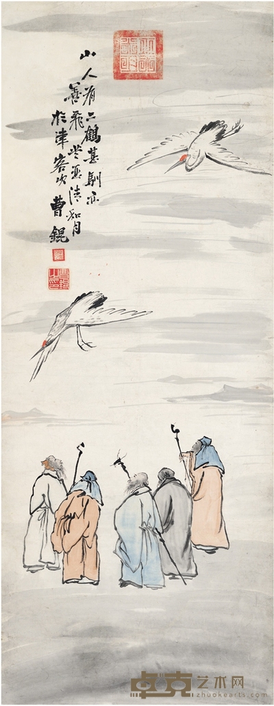 曹 锟 仙家翫鹤图 134.5×52cm