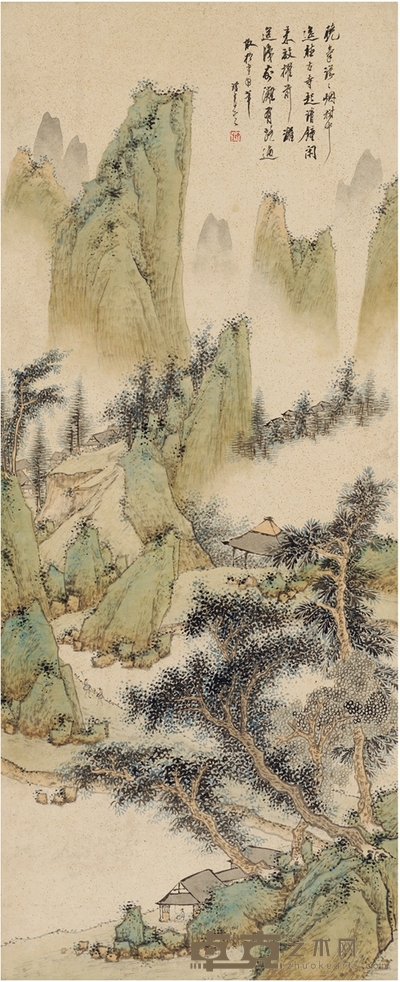 朱昂之 晓山烟树图 126.5×51.5cm 