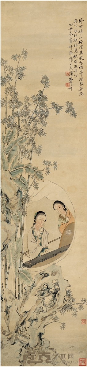 费以耕 瑶琴仕女图 134.5×31.5cm