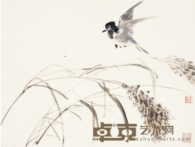张书旂 苇花小鸟图 43×32cm