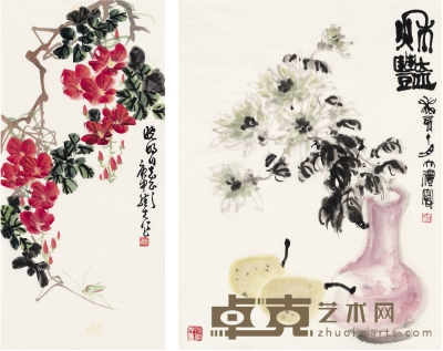 龚继先 为蒋风白女儿作  花卉二帧 72.5×34cm 58.5×44cm