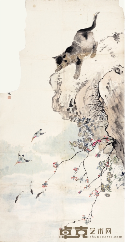 蒋风白 猫戏图 156×81cm