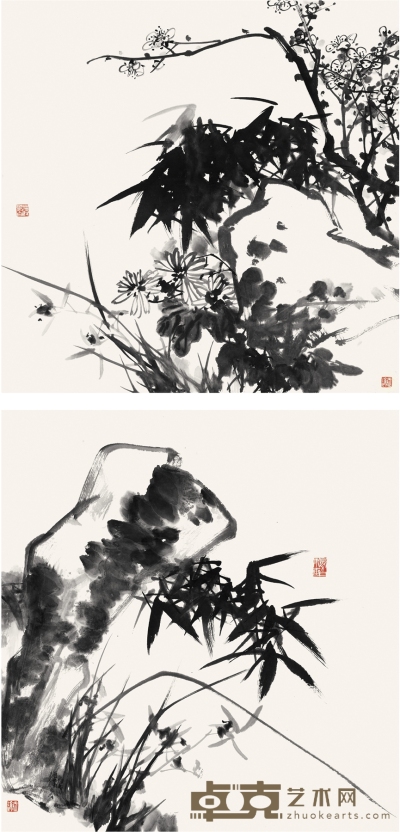 蒋风白 梅兰竹石二帧 58.5×58cm 57.5×55cm