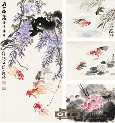 钱晴碧 等 金鱼花卉四帧 67×34cm 42.5×34cm 44.5×36cm 45.5×35cm