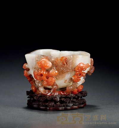 清·南红玛瑙雕灵芝纹水盂 带座高:9.6cm 高:8cm 通径:13cm