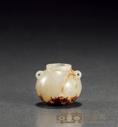 明·白玉红沁双系小罐 高：2.3cm 腹径：2.6cm