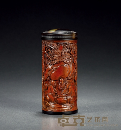 竹雕高士对弈图茶叶罐 高：12.6cm 口径：5.5cm
