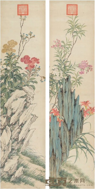 佚名 花卉对屏 169.5×41cm×2