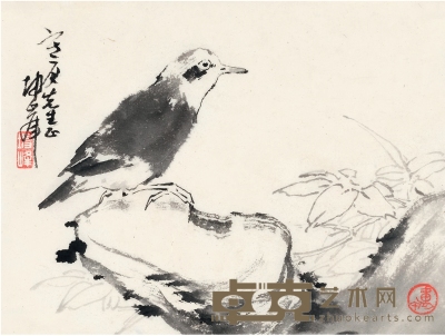 卢坤峰 为张寒月作  鸟石图 30×22cm