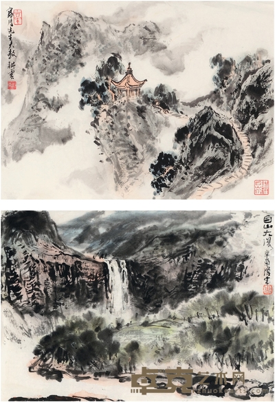 姚耕云 为张寒月作 幽亭图·白山大瀑图 30×22cm×2