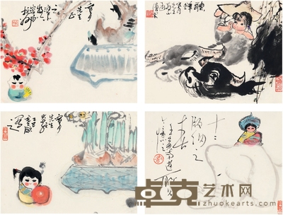周沧米 为张寒月作 书画四帧 30×22cm×4