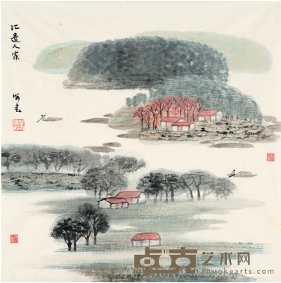 萧海春 江边人家图 68.5×68cm