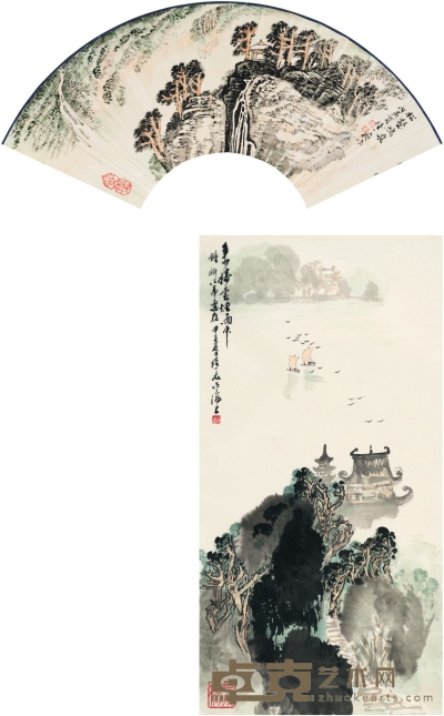 陆一飞 烟雨江南·松壑鸣泉图 88×45cm 55×19cm