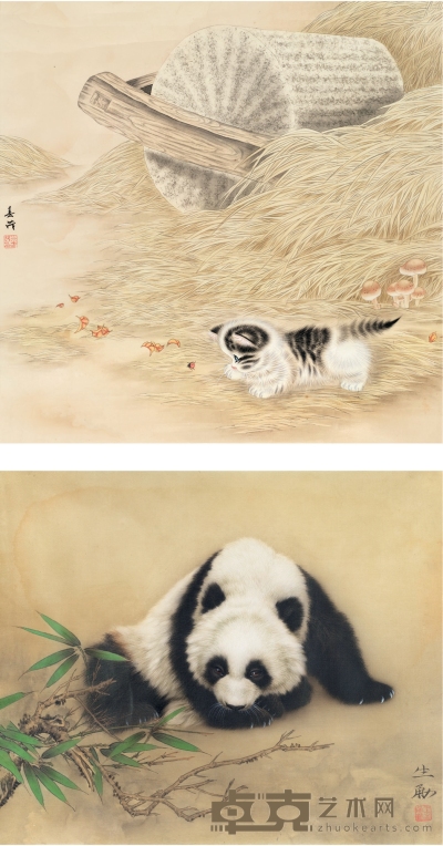 米春茂 猫戏图·熊猫图 111×38.5cm 50.5×42cm