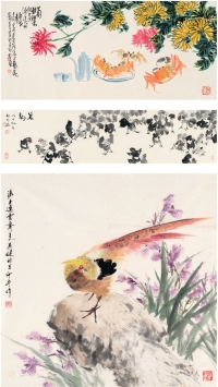 杭 英（1940～ ）、邓国忠［现代］、吴 健［现代］ 花鸟三帧