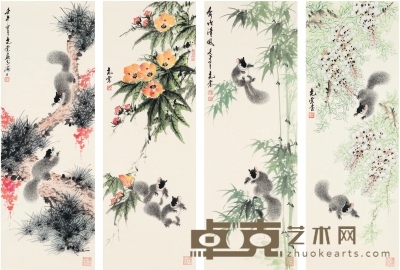 杨尧棠 花卉松鼠图 96.5×33.5cm×4