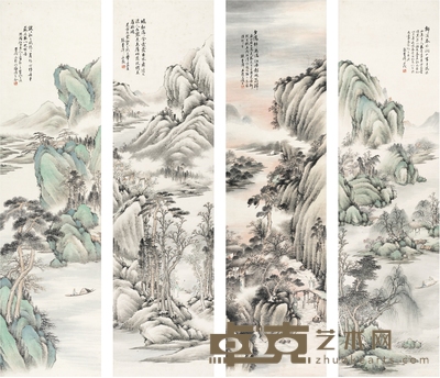 张寄凡 仿古山水四屏 149×39.5cm×4