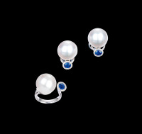 13.5-15.7mm 海水澳白珍珠蓝宝石戒指耳钉