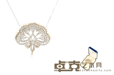 爱德华时期 钻石镶嵌珍珠云朵花环造型吊坠 尺寸：4.5×4.3cm
链长：44cm
重量：约13.5g